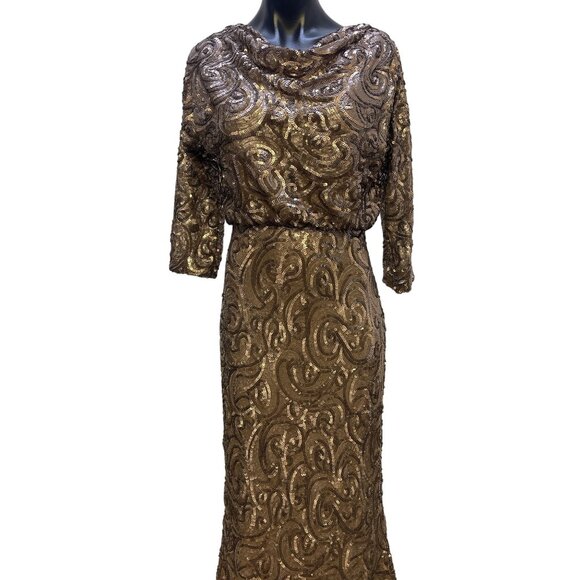Badgley Mischka Collection Women's Sequin Gown Size 8 Bronze Long-Sleeve V-Back - Picture 8 of 10